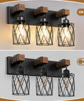Farmhouse Wood And Black Metal Vanity Light With 3 Lights Over Mirror For A Dope Industrial Cage Shade Look Rustic Restroom Glow And Bathroom Decor E26 Base, shown on and off