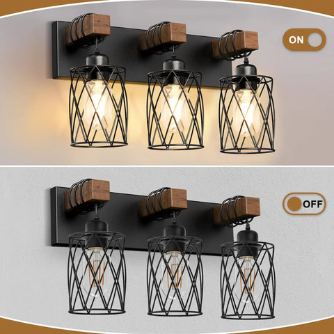 Farmhouse Wood And Black Metal Vanity Light With 3 Lights Over Mirror For A Dope Industrial Cage Shade Look Rustic Restroom Glow And Bathroom Decor E26 Base, shown on and off