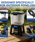 No Sweat Solar Automatic Fish Feeder For Outdoor Pond And Aquarium With Smarter Feeding Schedule Adjustable Timer and Dependable Performance For All Koi And Goldfish featuring transparent storage and solar panel.