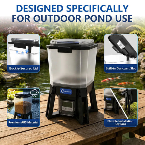 No Sweat Solar Automatic Fish Feeder For Outdoor Pond And Aquarium With Smarter Feeding Schedule Adjustable Timer and Dependable Performance For All Koi And Goldfish featuring transparent storage and solar panel.