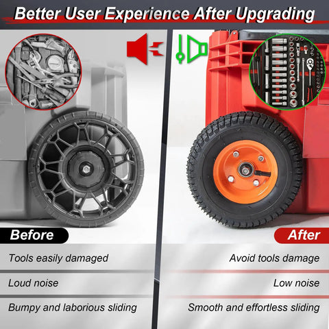 Comparison of Packout wheels before and after upgrade, showing smoother ride with 2 Pcs Packout Wheels Replacement Kit For 9 Inch Rolling Tool Box System 48-22-8426, Alloy Wheels Built Tough And Crack Resistant, Delivers A Smooth Ride On Gravel, Grass, Concrete And More