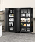 Beefy Heavy Duty Steel Rolling Storage Cabinet On Wheels With Locking Doors 73 Inch Tall Black Tool Cabinet open showing contents