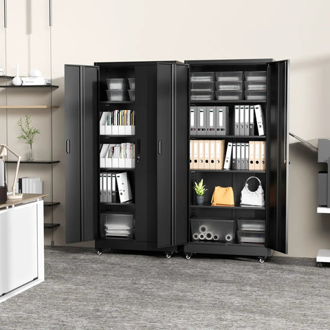 Beefy Heavy Duty Steel Rolling Storage Cabinet On Wheels With Locking Doors 73 Inch Tall Black Tool Cabinet open showing contents