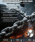 G100 high-strength MN-steel chain 0.25 in diameter for lifting, showcasing heavy-duty links and durability.