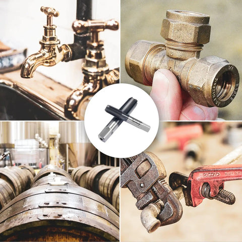 Pro Grade One Eighth Inch Twenty Seven NPT Pipe Tap In High Speed Steel With AD Plus Coating, Heavy Duty Threading Tool shown against plumbing backdrop