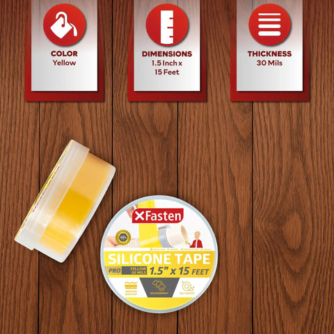 Go To Self Fusing Silicone Tape Pro Yellow 1.5 Inch By 15 Feet Thick 30 Mil Non Adhesive Repair Tape packaging on wood