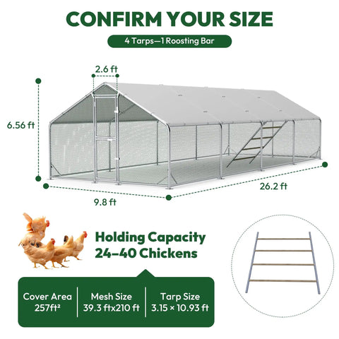 Diagram of Extra Large Metal Chicken Run For Yard With Feeding Door And Walk In Design 26 By 10 By 6.6 Feet with size details.