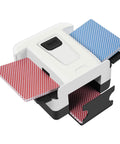 One Press Auto Card Shuffler For 1 To 2 Decks Electric Slot Machine For Poker Blackjack Casino Games Quick Silent Shuffle with blue and red cards.