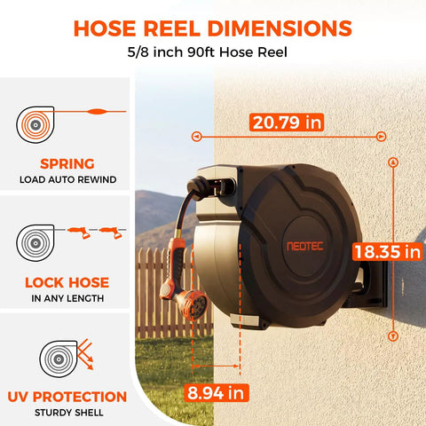 Heavy Duty Retractable Garden Hose Reel 90 Ft Five Eighth Inch With Automatic Slow Return Auto Lock Nine Spray Nozzle 180 Degree Swivel Wall Mounted Outdoor UV Resistant dimensions and features