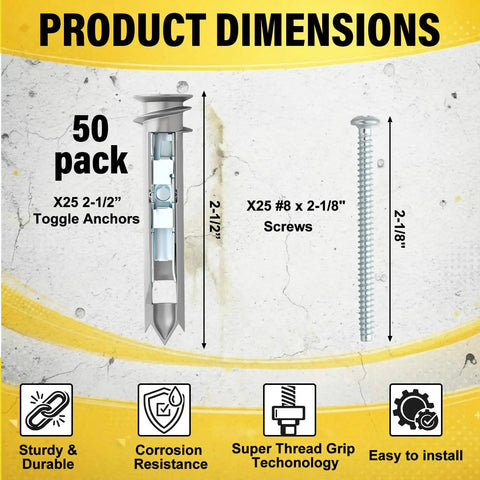 Heavy Duty Drywall Anchors And Zinc Screws Kit With Self Drilling Toggle Bolts 50 Pcs Size 8 X 2 1 8 Inch Screws Metal Hollow Wall Anchors