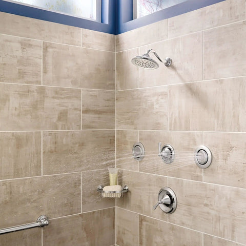 Mosaic Round Single Function Shower Body Spray With Hydro Jet Massage, Wall Mounted Chrome Finish, shown in tiled bathroom corner