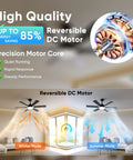 Visual showing reversible DC motor from 52 Inch Ceiling Fan With Lights Six Double Sided Blades Ultra Quiet Reversible DC Motor Remote And App Control Six Speeds Dimmable LED With Memory Function Three Color Temperature Downrod Mount For Living Room Black.