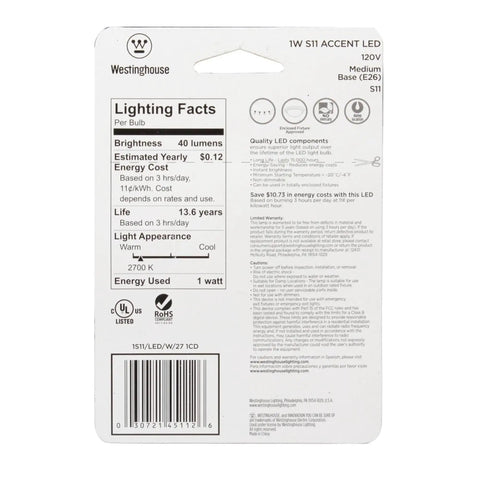 Back packaging of S11 LED Accent Bulb 1W Replacing 7.5W Incandescent White Finish Medium Base 40 Lumens Non Dimmable