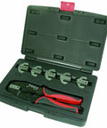 7-Piece Quick Interchangeable Ratchet Crimping Tool Set for Wire Terminals in open case with C D F H Jaws, handles AWG 22 to 10