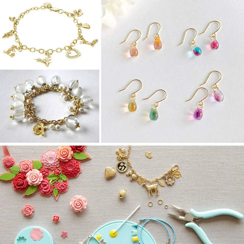 Assorted gold-tone jump rings used in jewelry like bracelets, earrings, and necklaces with crafting tools and embellishments.