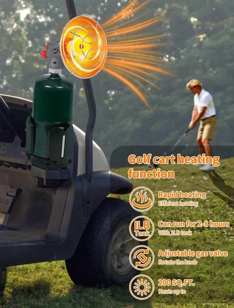 6800 BTU Golf Cart Propane Heater with Storage Box, Adjustable Cup Holder and Camping Base on EZGO golf cart