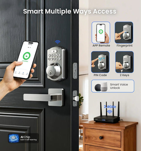 Smart Home Keyless Entry Digital Door Lock With Fingerprint Deadbolt And Handle Set App Remote Hub Free Wifi Security Satin Nickel Finish Straight Wifi Hookup Top Shelf Build Lock It Down Round The Clock