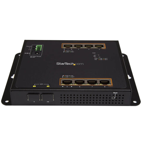 Rugged 8 Port PoE Plus Gigabit Switch With 2 SFP MSA Slots, 30W Per Port, 200W Total Budget, black industrial-grade unit