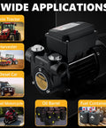 Heavy Duty 110V Ac Diesel Fuel Transfer Pump 15 Gpm shows multiple applications including tractors and fuel containers.