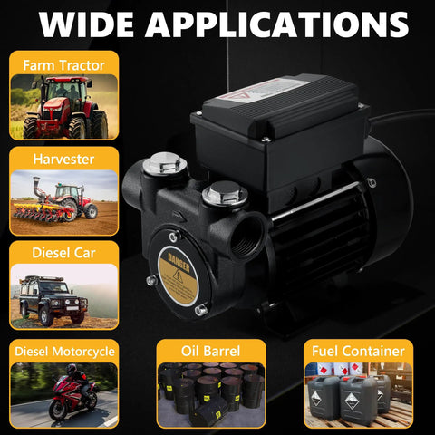 Heavy Duty 110V Ac Diesel Fuel Transfer Pump 15 Gpm shows multiple applications including tractors and fuel containers.