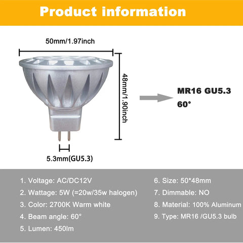 Diagram showing dimensions of MR16 LED Bulbs 60 Degree Wide Beam 5W Power Saver Replaces 20W 35W Halogen 2700K Soft Warm White 12V GU5.3