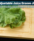 Dope Juice Groove Router Jig With 8 Spacers displayed with lettuce on cutting board showing square recesses.