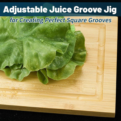 Dope Juice Groove Router Jig With 8 Spacers displayed with lettuce on cutting board showing square recesses.