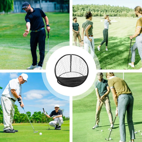 Backyard Golf Practice Net For Driving Range And Indoor Hitting with golfers practicing on a course, focus on portable chipping net.