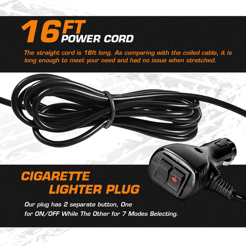 Cigarette lighter plug with a 16 ft black power cord, coiled for an automotive roof-top LED strobe light.