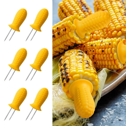 Stainless Steel 19 Piece BBQ Tools Set with 6 yellow corn forks on grilled corn.