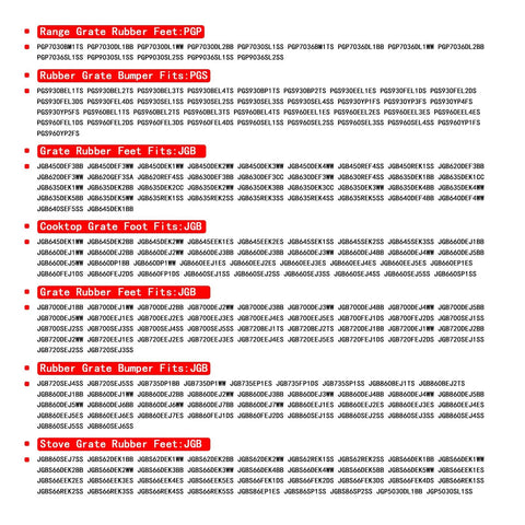 Compatibility list for 12 Pack Grate Rubber Feet Replacement For Gas Stove Tops, showing models like PGP, PGS, and JGB.