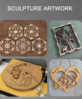 Woodcut sculpture artwork showing geometric hexagons, tree with deer frame, koi fish disk, and engraved interlocking hearts decoration.