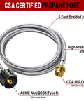5 Foot Stainless Braided Propane Hose Adapter Converts 1Lb To 20Lb For Buddy Heaters And Grills, CSA Certified, 350 PSI