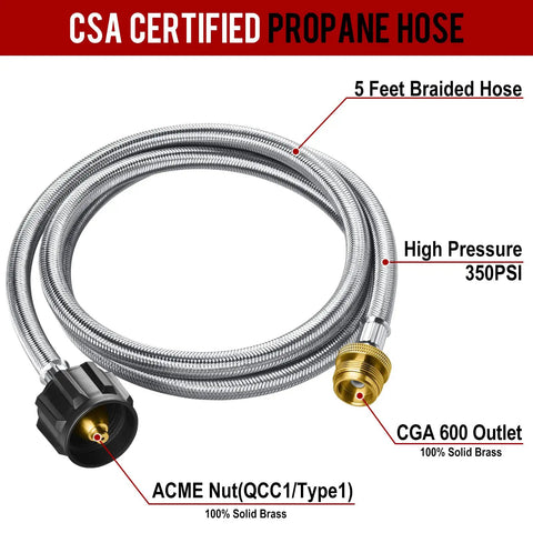 5 Foot Stainless Braided Propane Hose Adapter Converts 1Lb To 20Lb For Buddy Heaters And Grills, CSA Certified, 350 PSI