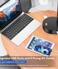 Two Pack Fully Stepless Dimmable Industrial Table Lamps with USB Ports and AC Outlet showing charging devices