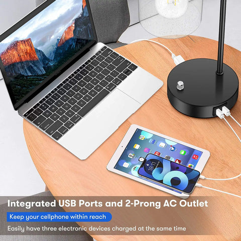 Two Pack Fully Stepless Dimmable Industrial Table Lamps with USB Ports and AC Outlet showing charging devices