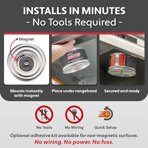 Automatic Fire Suppressor For Residential Kitchens, Direct Flame Activated, shown installed under rangehood.