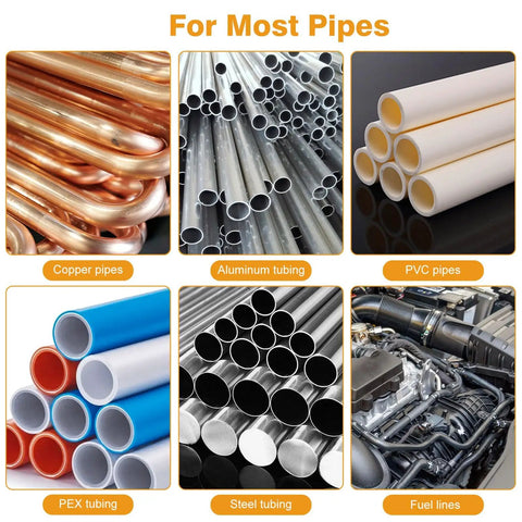 Image showing various materials compatible with Ratchet Pipe Cutter Tool For Tight Spaces including copper, aluminum, PVC, and PEX.