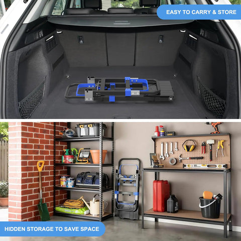 3 In 1 Folding Hand Truck With 500lbs Capacity, Convertible Dolly Cart On Wheels stored in car trunk and garage shelf
