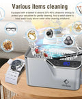 Ultrasonic Cleaner 45kHz 35W 20oz Digital Timer Pro Grade Jewelry Cleaner with watch holder and watch on a table