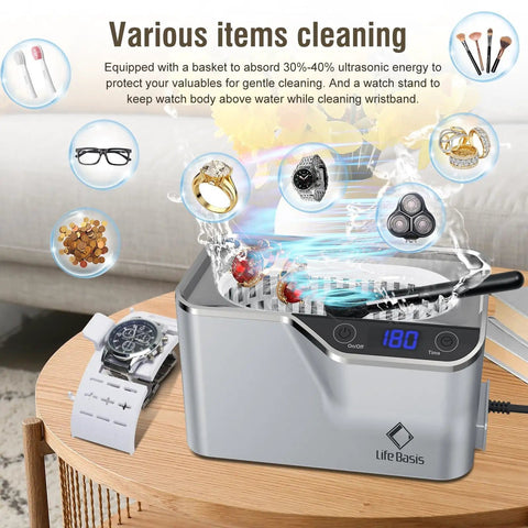 Ultrasonic Cleaner 45kHz 35W 20oz Digital Timer Pro Grade Jewelry Cleaner with watch holder and watch on a table