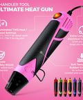 Mini Dual Temp Heat Gun For Crafting With Variable Speed And Heat, pink and black design with safety features and settings.