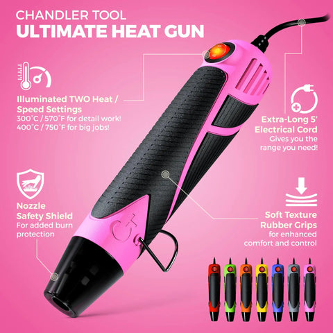 Mini Dual Temp Heat Gun For Crafting With Variable Speed And Heat, pink and black design with safety features and settings.