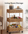 Three Tier Water Hyacinth Rolling Cart With Wheels Handwoven Utility Storage Rack used for living room storage of snacks and drinks
