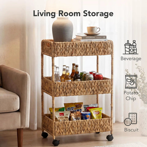 Three Tier Water Hyacinth Rolling Cart With Wheels Handwoven Utility Storage Rack used for living room storage of snacks and drinks