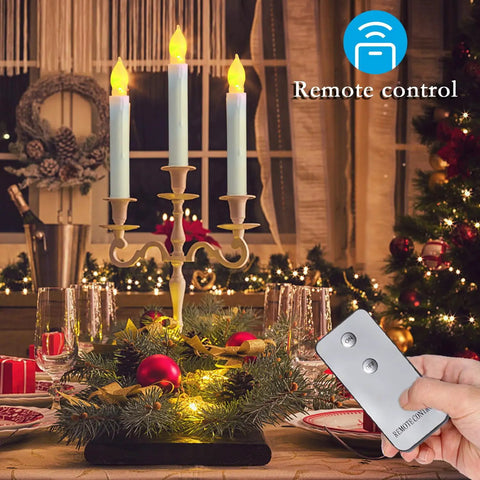 12 Pack Battery Operated Taper Candles with Remote, warm white flicker, in decorative candelabra on festive table setting