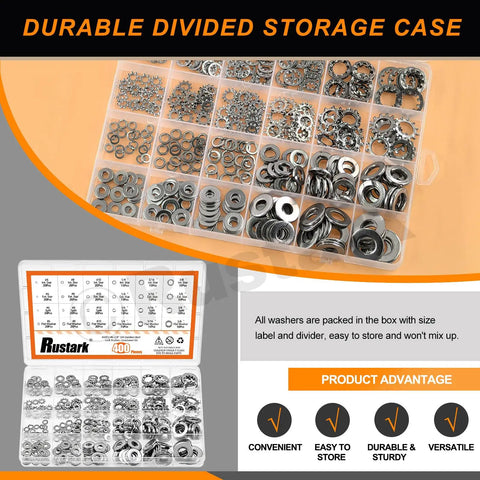 400 Piece 6 Size 304 Stainless Steel SAE External And Internal Star Washers, Split Lock Washers, Flat Washers, And Spring Lock Washers Assortment Kit For Home, Industry, And Construction in divided storage case