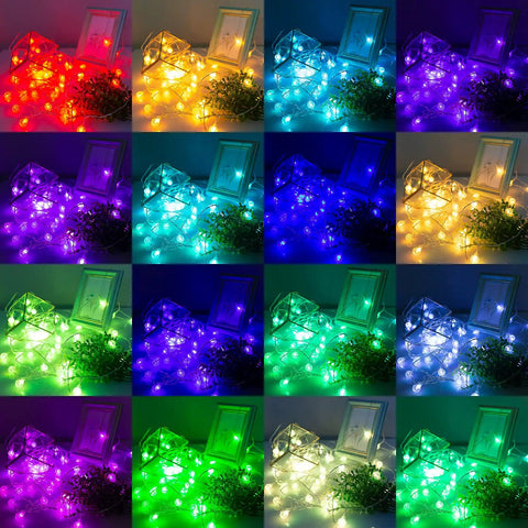 Globe String Lights 60 LED Battery Operated Color Changing Fairy Lights With Remote 26.3 Feet 16 Colors 4 Modes Perfect For Parties Weddings Halloween Garden Decor Indoor Outdoor Use Party Ready, shown in all color modes.