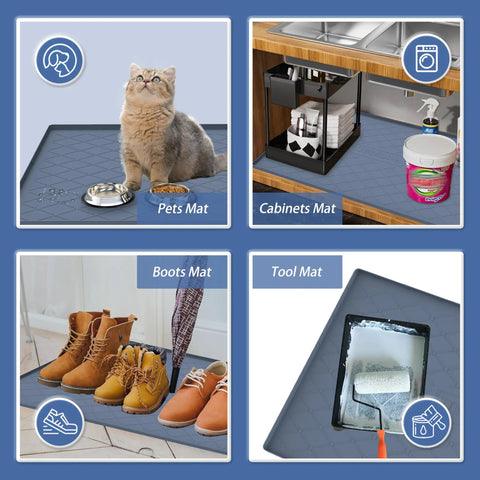 34 By 22 Inch Waterproof Silicone Mat For Under Sink Kitchen And Bathroom Protection Non Slip Multi Purpose Cabinet Liner Pet Feeding Pad For Dogs And Cats Craft And Storage Mat Light Grey with examples of use as pet mat, cabinets mat, boots mat, and tool mat.