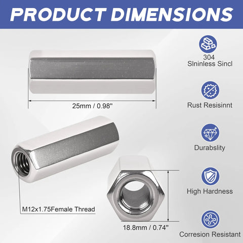 Heavy Duty M12 X 1.75 Pitch Hex Coupling Nuts 304 Stainless Steel 25mm Length 4 Pack Corrosion Resistant Fastener Connectors For Indoor Outdoor Use Mildly Magnetic, 25mm dimensions